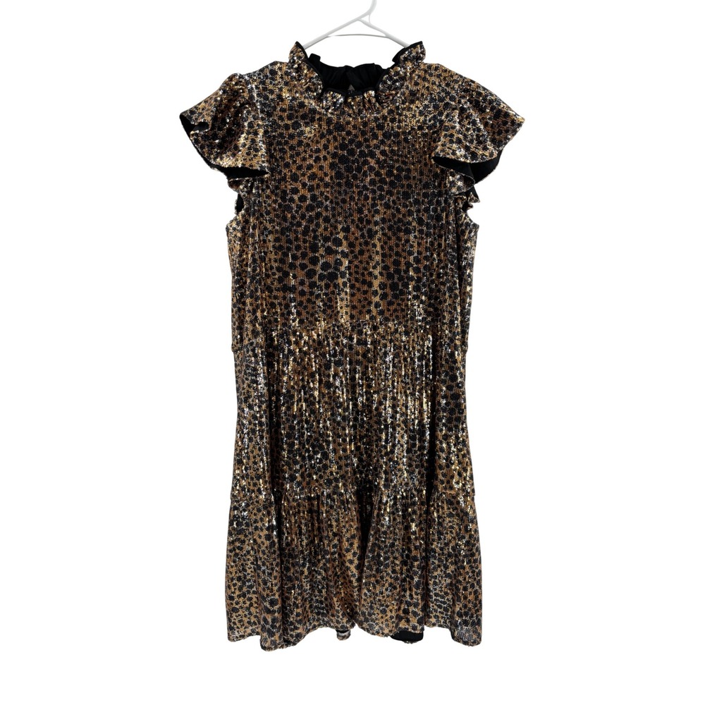 NWT Othilia Black Gold Sequin Leopard Print Ruffle Collar Flutter Sleeve Dress M